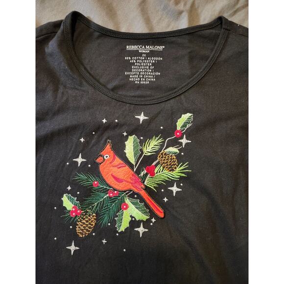 Rebecca Malone Top Women's 2XL Black Christmas Cardinal Cotton Shirt Pullover NW - Picture 2 of 7